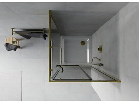 Mexen Rio, štvorcový sprchovací kút s posuvnými dverami 90(dvere) x 90(dvere) x 190 cm, 6mm šedé sklo, zlatý profil + biela sprchová vanička SLIM, 860-090-090-50-40-4010G