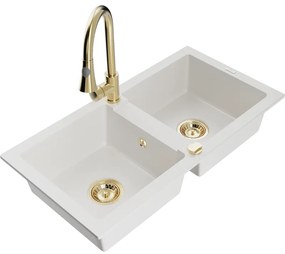 Mexen Mario, 2-komorový granitový drez 820x436x161 mm a drezová batéria Elia, biela, 6504-20-670101-50