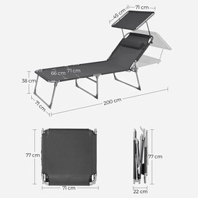 Veľké skladacie lehátko so strieškou, 71 x 200 x 38 cm, nosnosť do 150 kg, dymovo šedé