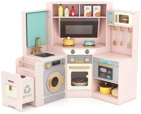 Rohová kuchyňa so svetlami a zvukmi Drevená kuchyňa s výsuvným košom Záclona Drez Varná doska Mikrovlnná ružová