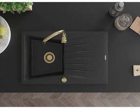 Mexen Cesar, granitový drez 775x470x190 mm, 1-komorový, čierna-strieborná metalíza so zlatým sifónom, 6514771010-73-G