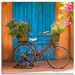 Obraz na plátne - Pristavený bicykel s kvetmi - štvorec 374A (50x50 cm)
