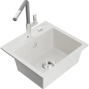 Mexen Milo, 1-komorový granitový drez 435x410x171 mm a drezová batéria Flora, biela, 6505-20-670401-06