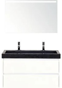 Kúpeľňový nábytkový set Dante 100 cm s umývadlom z prírodného kameňa 2 otvormi na kohúty a zrkadlom s LED osvetlením biela vysoko lesklá
