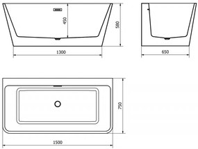 Mexen Volta, voľne stojaca nástenna vaňa 150 x 75 cm, biela, brúsená oceľ prepad, 51131507500-97