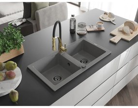 Mexen Mario, granitový drez 820x436x161 mm, 2-komorový a drezová batéria Aster, šedá, 6504-71-73450-57-B
