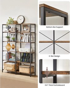 6-poschodová knižnica, vysoký úložný regál, 30 x 120 x 170 cm, hnedá a čierna