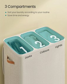 Kôš na prádlo, 190 l, 3 priehradkový kôš na prádlo, 64 x 40 x 75 cm, cappuccino béžový