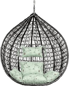 Čierne závesné kreslo KOKON bez stojanu, svetlozelený vankúš so vzorom