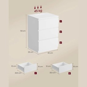 Vasagle Nočný stolík s funkciou nabíjania ZION, 35x40x59cm, biela
