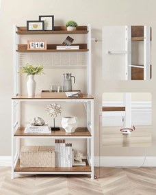 Kuchynská stojaca polica zo zástrčkami, regál s háčikmi, svetlý orech a biela farba