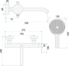 Rea Ontario Side, vaňová batéria s ručnou sprchovou súpravou, zlatá matná, REA-B6547