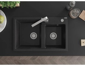 Mexen Tomas, granitový drez 800x500x190 mm, 2-komorový a chrómová batéria Rita, čierna-strieborná metalíza, 6516-73-670300-00
