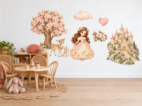 Princezná pri kvitnúcom zámku jarné kvetinové akvarelové nálepky na stenu pre dievčatá arch 46 x 34 cm