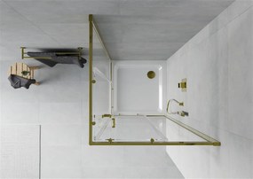 Mexen Rio, štvorcový sprchovací kút s posuvnými dverami 90 (dvere) x 90 (dvere) x 190 cm, 5mm číre sklo, zlatý profil + biela sprchová vanička SLIM, 860-090-090-50-00-4010G
