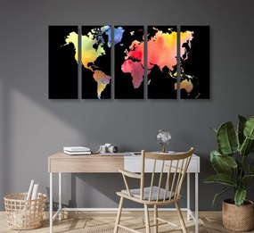 5-dielny obraz mapa sveta v akvarelovom prevedení na čiernom pozadí - 200x100