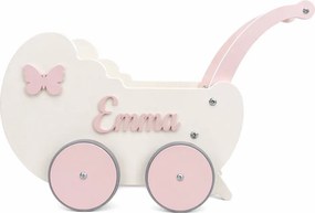 Drevený kočík pre bábiky s dekoráciou biela + ružová + meno Emma