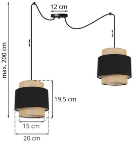 Závesné svietidlo Boho Spider, 2x jutové/čierne textilné tienidlo