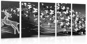 5-dielny obraz nádherný jeleň s motýľmi v čiernobielom prevedení - 200x100