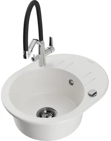 Mexen Kevin, granitový drez 586x458x190 mm, 1-komorový a biela batéria Duo, biela, 6517-20-671701-07-B