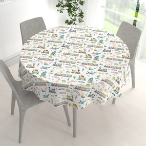 Biante Detský bavlnený okrúhly obrus Sandra SA-659 Modré vláčiky s lietadielkami na bielom Ø 120 cm