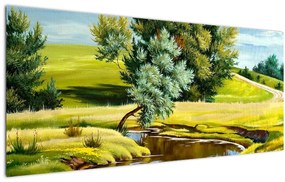 Obraz - Rieka medzi lúkami, olejomaľba (120x50 cm)