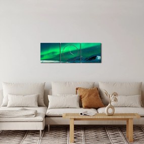 Obraz ľudí a polárna žiara (s hodinami) (90x30 cm)