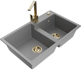 Mexen Tomas, granitový drez 800x500x190 mm, 2-komorový a zlatá batéria Rita, šedá, 6516-71-670300-50