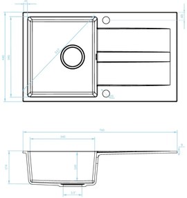 Kuchinox Laut, 1-komorový granitový drez 760x440x174 mm + sifón, čierna škvrnitá, LAV-SBZ_711Y