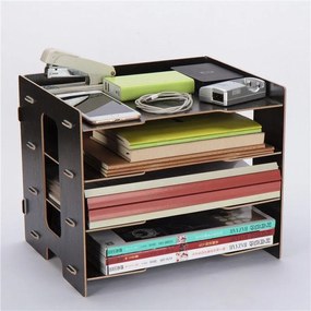 Drevený DIY kancelársky zásobník na dokumenty, organizér na dokumenty 4 priehradky čierny QS205 Čierna