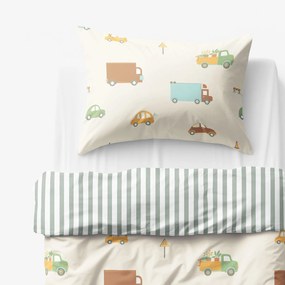 Goldea detské bavlnené obliečky - svet autíčok so šalviovo zelenými prúžkami 150 x 200 a 50 x 60 cm