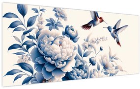 Obraz - Kolibríky nad kvetinou (120x50 cm)