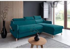 Tyrkysová zamatová rozkladacia rohová pohovka (pravý roh) Sweet Harmony – Miuform