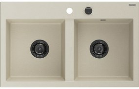 Mexen Hektor, 2-komorový granitový drez 800x480x205 mm, béžová, grafitový sifón, 6521802000-69-B