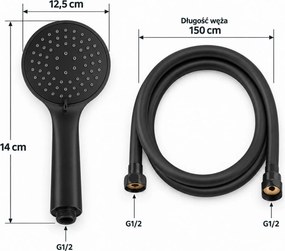 Erga Wemi, 3-funkčná ručná sprcha s hadicou 150 cm, 12,5 × 14 cm, čierna matná, ERG-YKA-BP.WEMI-BLK