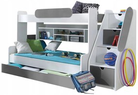 Detská poschodová posteľ s rozšíreným spodným lôžkom a šuplíkom SEGAN bielo-šedá - 200x90/120 cm