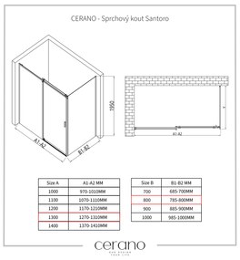Cerano Santoro, sprchovací kút s posuvnými dverami 130(dvere) x 80(stena) x 195 cm, 6mm šedé sklo, čierny profil, CER-CER-425485