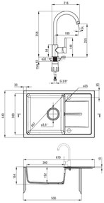 Deante Leda, granitový 1-komorový drez na dosku 670x440x164 mm + drezová batéria BEN 762M piesková + sifón, piesková, ZRDA7113