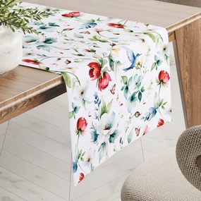 Biante Teflónový behúň na stôl TF-116 Akvarelové kvety s kolibríkmi na bielom 45x120 cm
