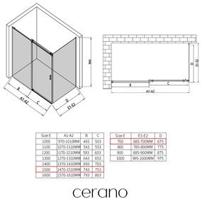 CERANO - Sprchovací kút Santoro Ľ/P - 8 mm - čierna matná, grafitové sklo - 150x70 cm - posuvný, CER-CER-8050BD7310