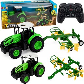 LEAN Toys Poľnohospodársky traktor s hrabacou lištou, diaľkovo ovládaný RC, so svetlami, mierka 1:24