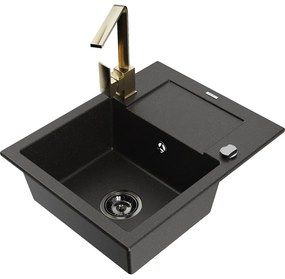 Mexen Enzo, granitový drez 576x465x174 mm, 1-komorový a zlatá batéria Rita, čierna-zlatá metalíza, 6506-75-670300-50-B