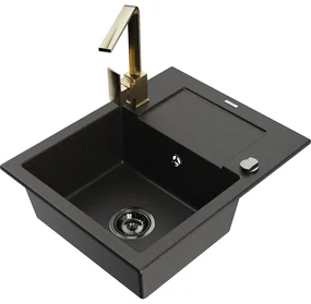 Mexen Enzo, granitový drez 576x465x174 mm, 1-komorový a zlatá batéria Rita, čierna-zlatá metalíza, 6506-75-670300-50-B