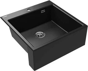 Deante Eridan Farmerski, granitový drez na dosku 600x610x214 mm, 3,5" + priestorovo úsporný sifón, 1-komorový, čierna, ZQE_N10K