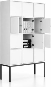 Kancelárska skriňa FRAME, čierna podnož, 12x dvere, 1299 x 450 x 2185 mm, PUSH-lock, biela