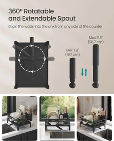 Sušička riadu, otočná o 360° a s výsuvným odtokom, čierna