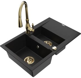 Mexen Gaspar, 1,5-komorový granitový drez 737x475x177 mm a drezová batéria Savita, čierna, 6507-77-672601-50