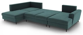 Zamatová rozkladacia/s úložným priestorom rohová pohovka v petrolejovej farbe (ľavý roh/do "U") Kyoto – Cosmopolitan Design