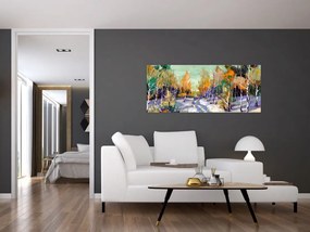 Obraz - Zasnežená cesta lesom, olejomaľba (120x50 cm)