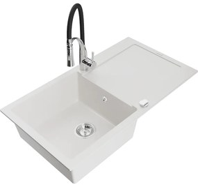 Mexen Leo, granitový drez 900x500x190 mm, 1-komorový a drezová batéria Aster, biela, 6501-20-73450-07